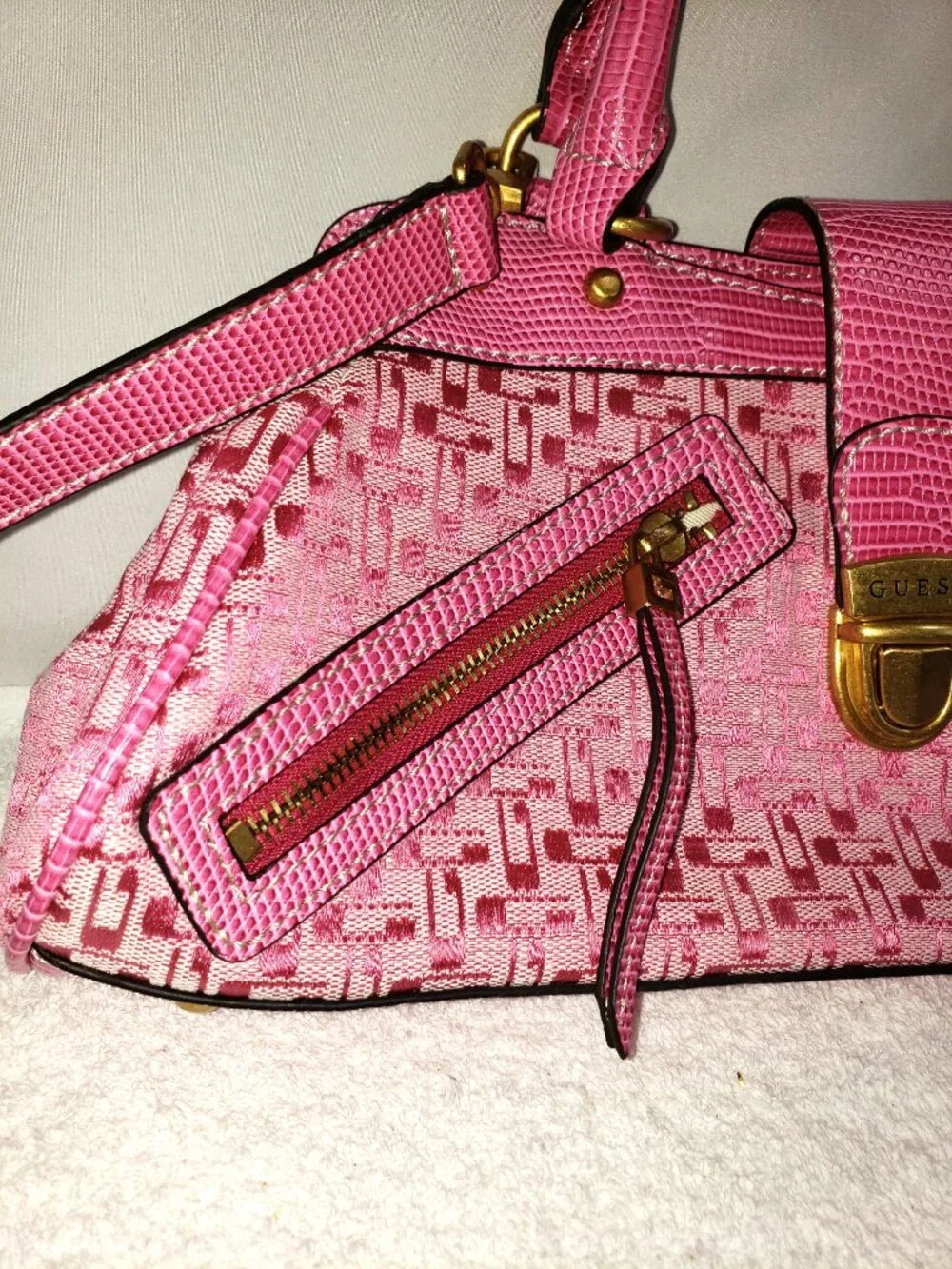 GUESS Pink Signature Satchel with Reptile Trim & Gold Hardware